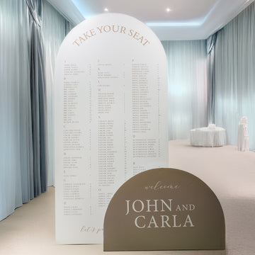 Tall arch wedding welcome sign and seating plan set